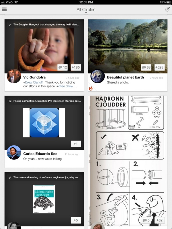 Google+ for iPad: main screen